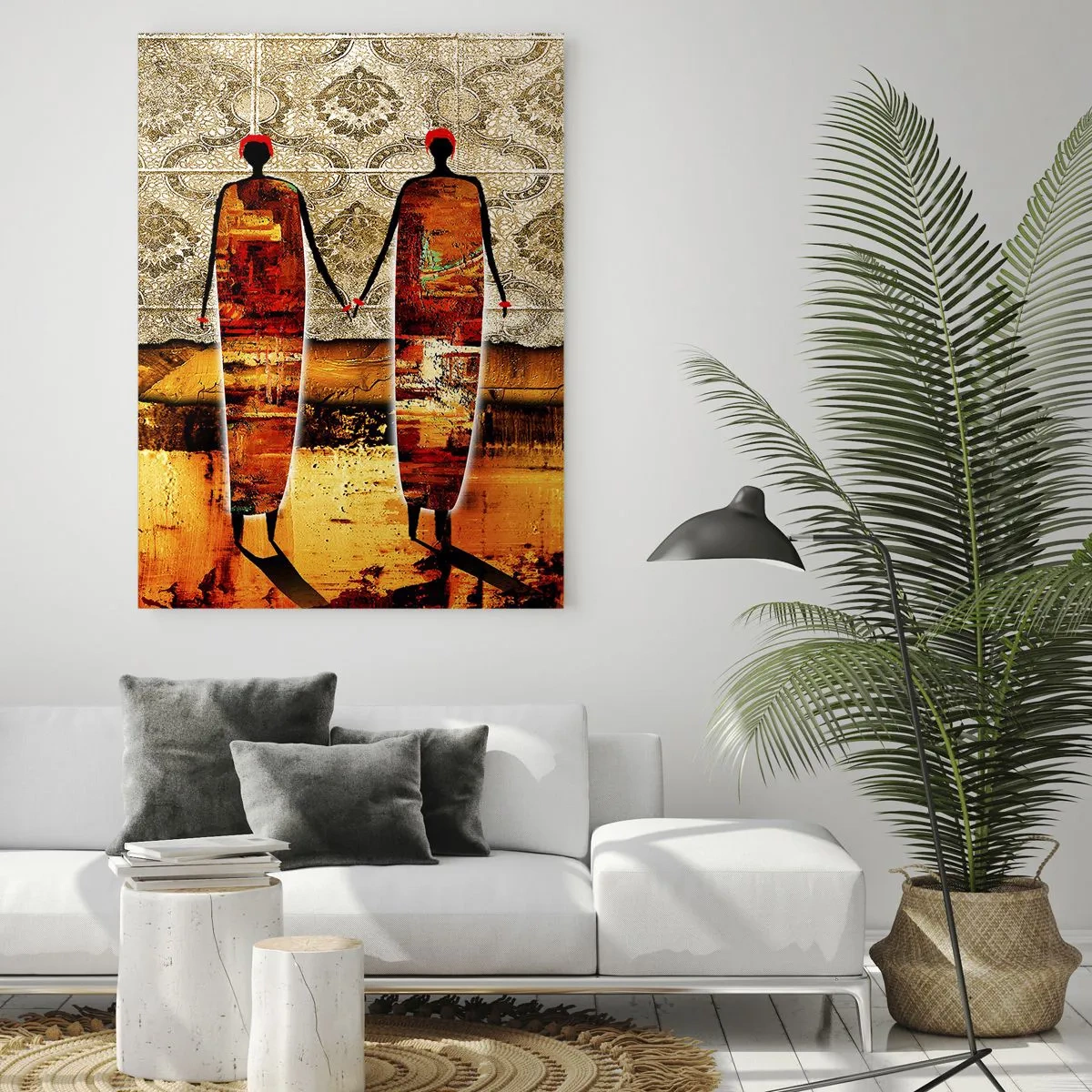 Glasbild - Bild auf glas - Zwei abstrakte Figuren vor einem Hintergrund aus Ornamenten und goldenen Farbtönen - 50x70cm - Ethnische Zusammensetzung in den Farben Afrikas - Moderne Wanddekoration für Wohnzimmer und Schlafzimmer ARTTOR