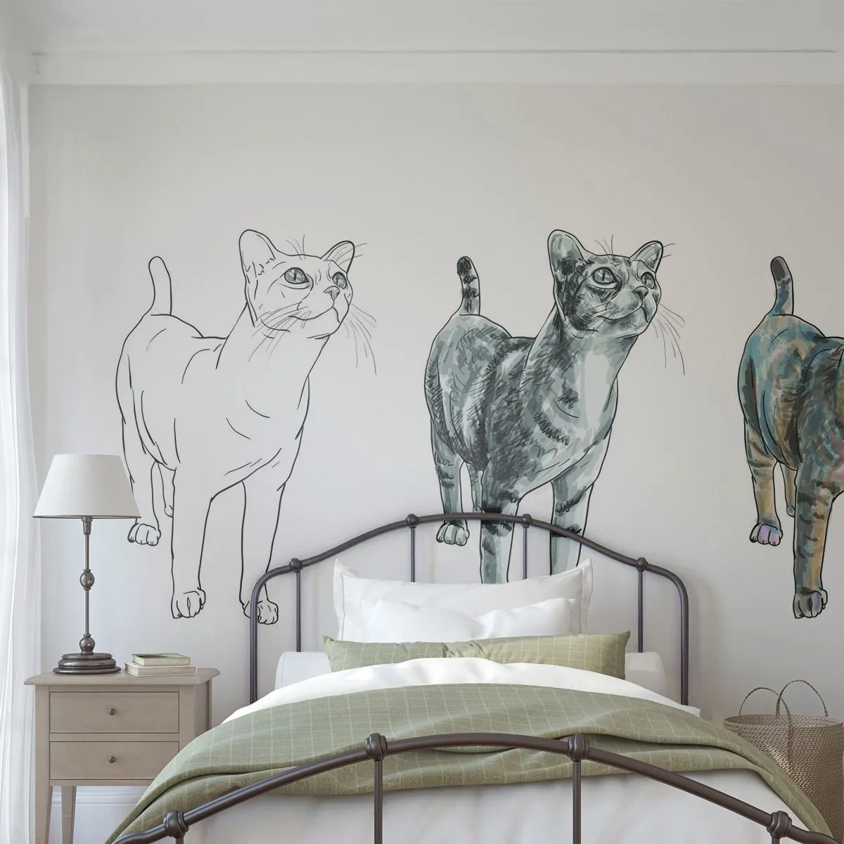 Fototapete Premium Sand - Drei Phasen des Katzenzeichnens – Skizze, Schattierung und Farbe - 100x70cm - Zeichenunterricht - Moderne Wanddekoration für Wohnzimmer und Schlafzimmer ARTTOR