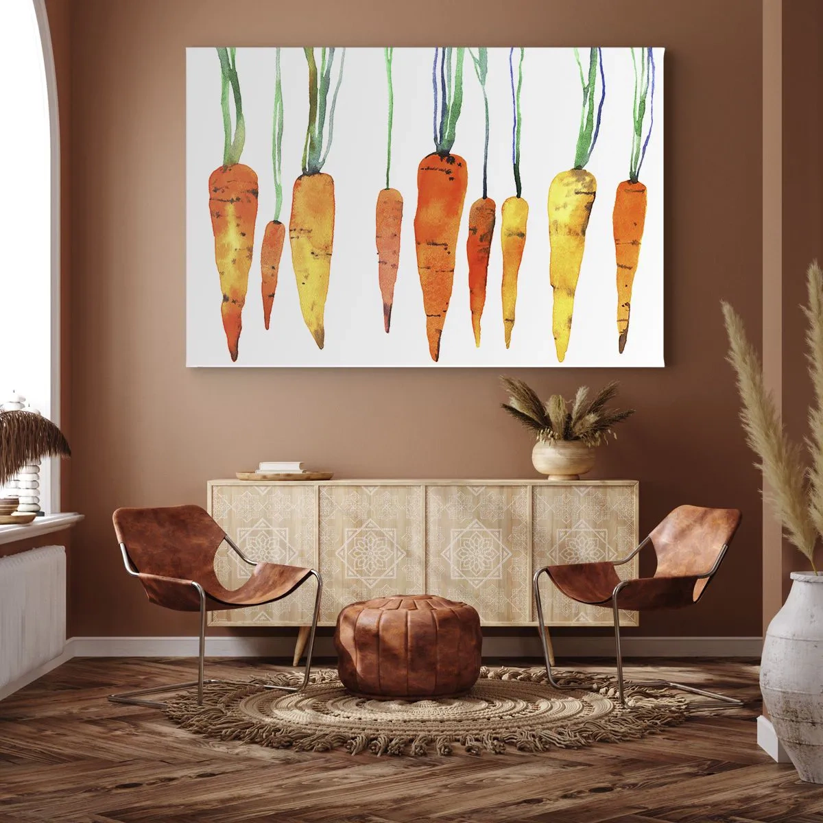 Bild auf Leinwand - Leinwandbild - Aquarell Karotten in verschiedenen Farbtönen auf weißem Hintergrund - 70x50cm - Die Schönheit des Gewöhnlichen - Moderne Wanddekoration für Wohnzimmer und Schlafzimmer ARTTOR
