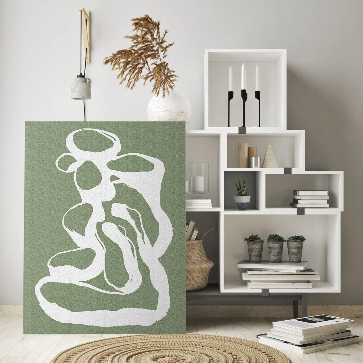 Glasbild - Bild auf glas - Abstrakte weiße organische Form auf olivgrünem Hintergrund - 50x70cm - Ruf des Weltraums - Moderne Wanddekoration für Wohnzimmer und Schlafzimmer ARTTOR