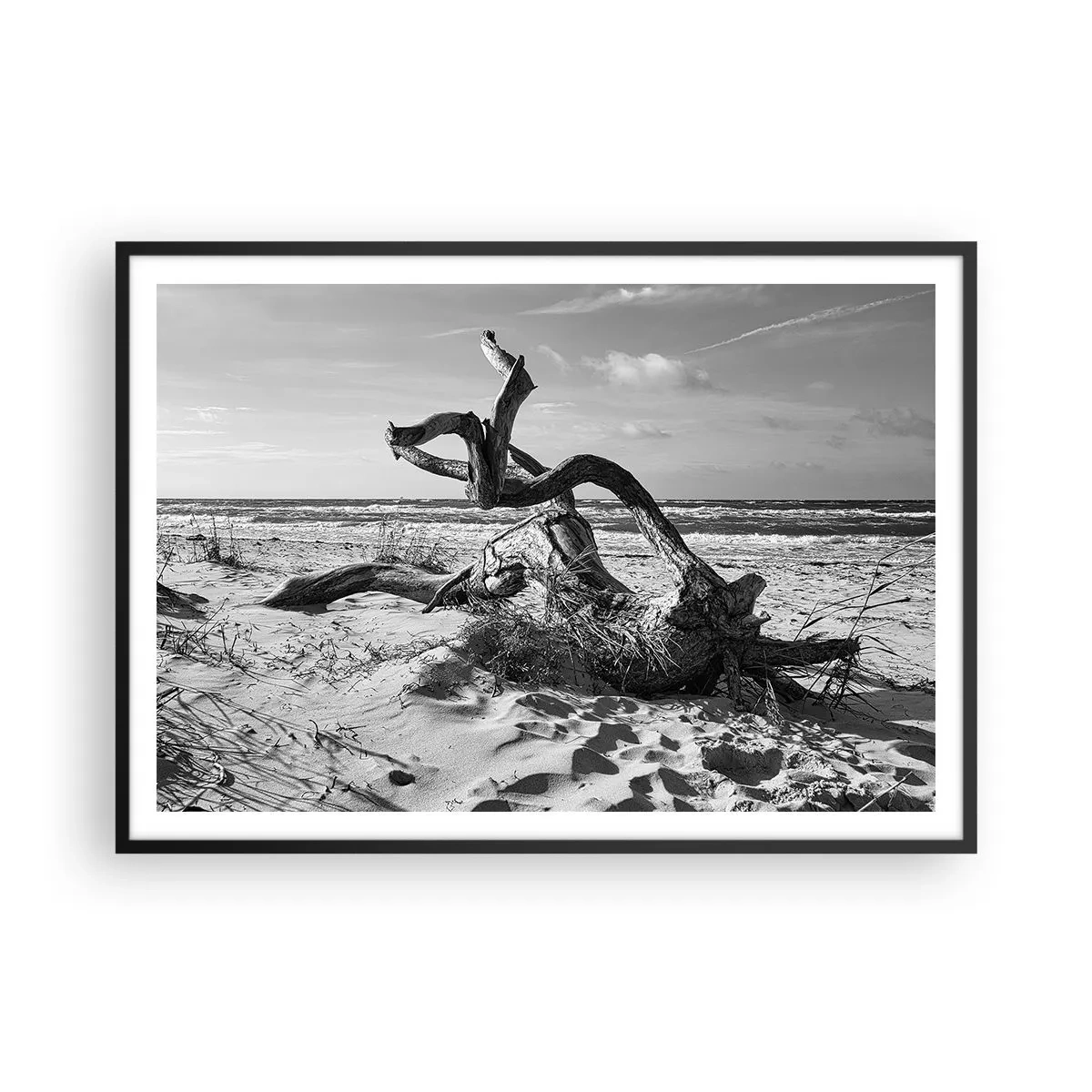 Poster in einem schwarzem Rahmen - Schwarz-weiße Landschaft mit einem toten Baum am Strand - 100x70cm - Meeresskulptur - Moderne Wanddekoration für Wohnzimmer und Schlafzimmer ARTTOR