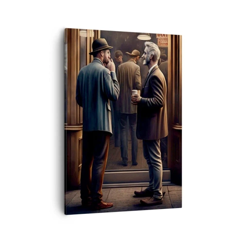 Bild auf Leinwand - Leinwandbild - Straßenszene mit Menschen vor einem Retro-Café - 50x70cm - Gute Zeit des Tages - Moderne Wanddekoration für Wohnzimmer und Schlafzimmer ARTTOR