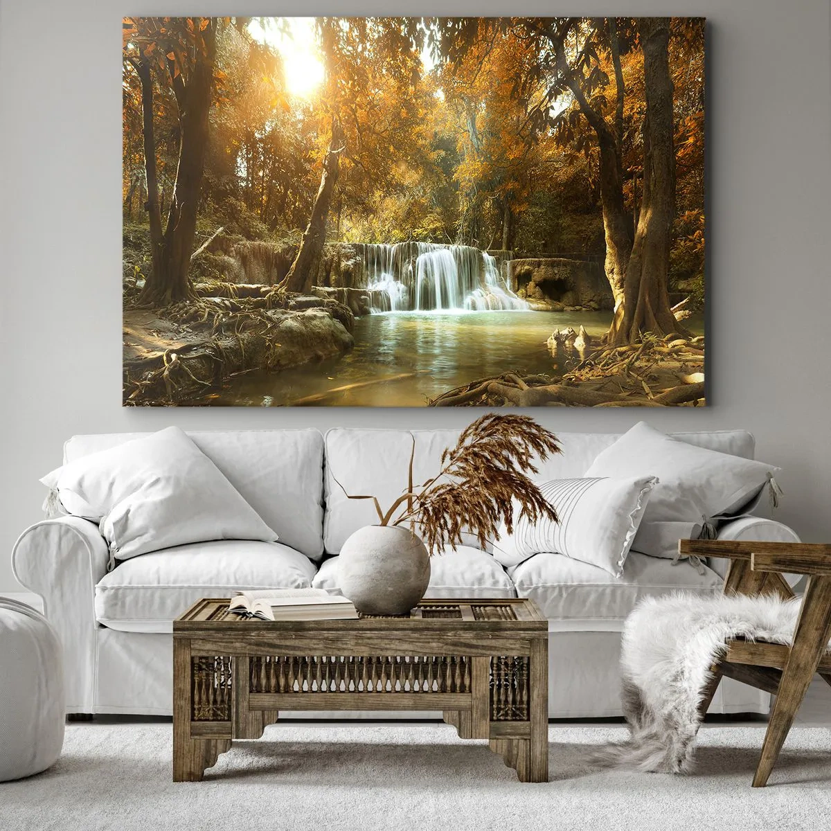 Bild auf Leinwand - Leinwandbild - Herbstlandschaft mit Wasserfall - 100x70cm - Parkkaskade - Moderne Wanddekoration für Wohnzimmer und Schlafzimmer ARTTOR