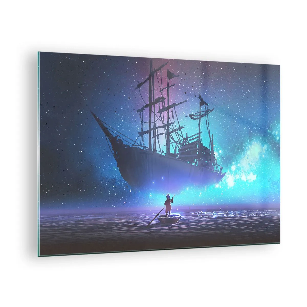 Glasbild - Bild auf glas - Ein Nachtschiff, das in einer magischen Aura über dem Wasser schwebt - 70x50cm - Begegnung mit dem Mythos des Meeres - Moderne Wanddekoration für Wohnzimmer und Schlafzimmer ARTTOR