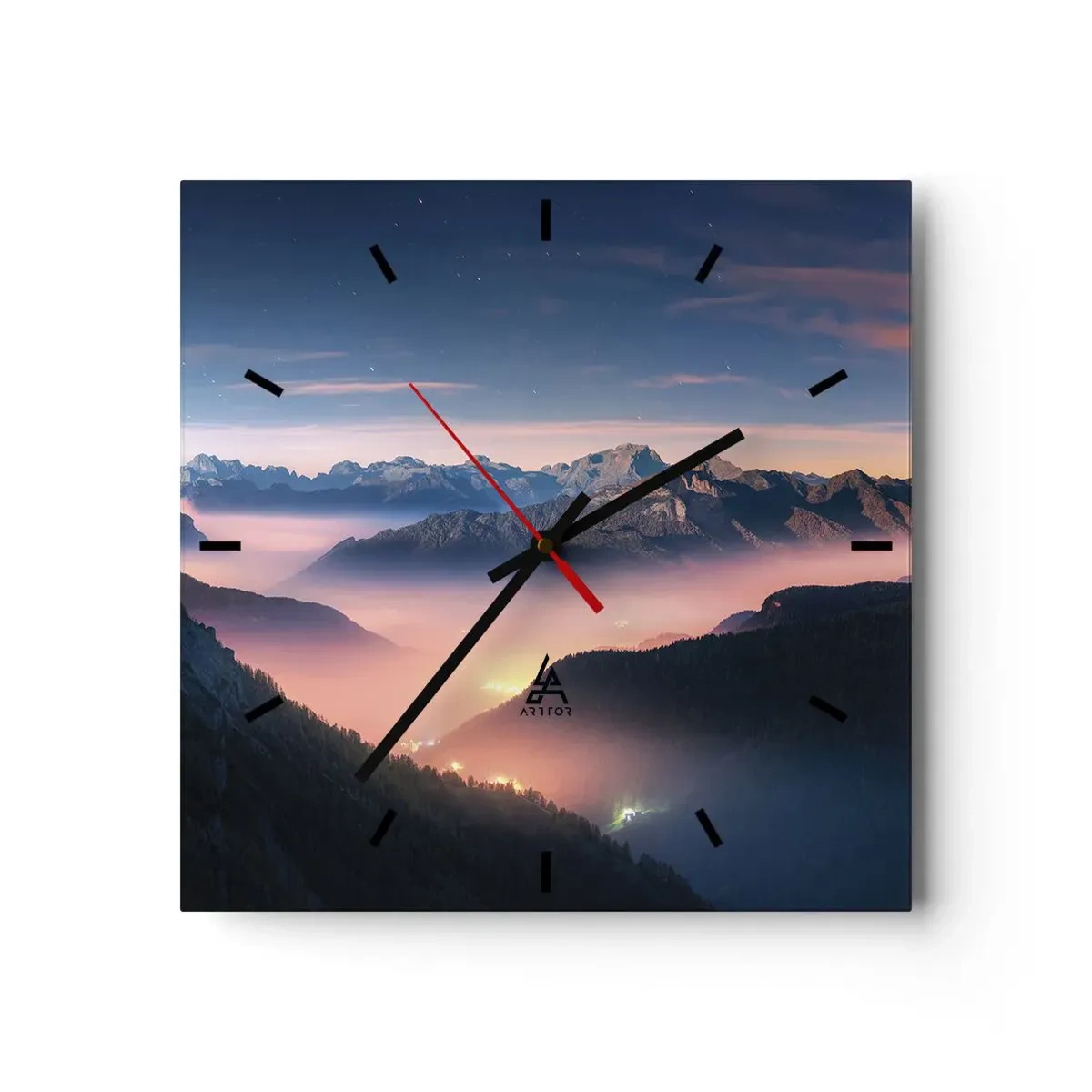 Wanduhr - Glasuhr - Eine Berglandschaft mit einem nebelverhangenen Tal - 30x30cm - Licht in den Tälern - Moderne Wanddekoration für Wohnzimmer und Schlafzimmer ARTTOR