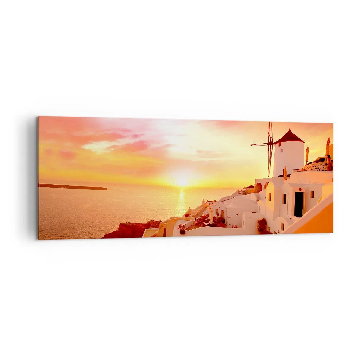 Bild auf Leinwand - Leinwandbild - Santorini bei Sonnenuntergang mit einer Windmühle - 140x50cm - In Weiß und Gold schmelzen - Moderne Wanddekoration für Wohnzimmer und Schlafzimmer ARTTOR