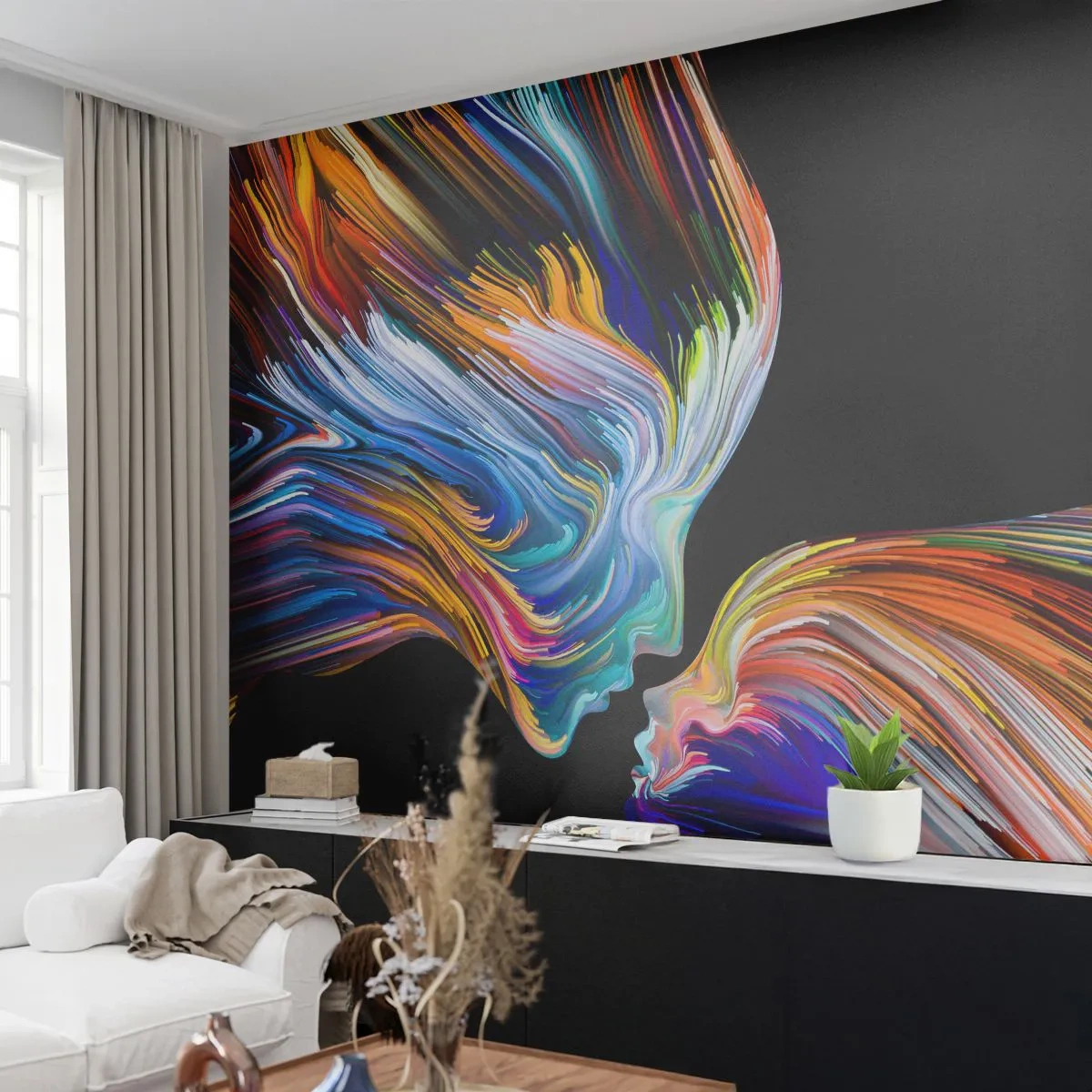 Selbstklebende Fototapete Deluxe Sticker - Eine Verschmelzung von Energie und Licht - Abstraktion, Das Gesicht einer Frau, Stück - 200x140 cm