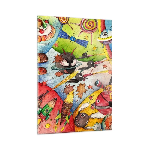 Glasbild - Bild auf glas - Eine farbenfrohe Illustration eines Weltraumabenteuers für Kinder - 50x70cm - Tolles Weltraumabenteuer - Moderne Wanddekoration für Wohnzimmer und Schlafzimmer ARTTOR