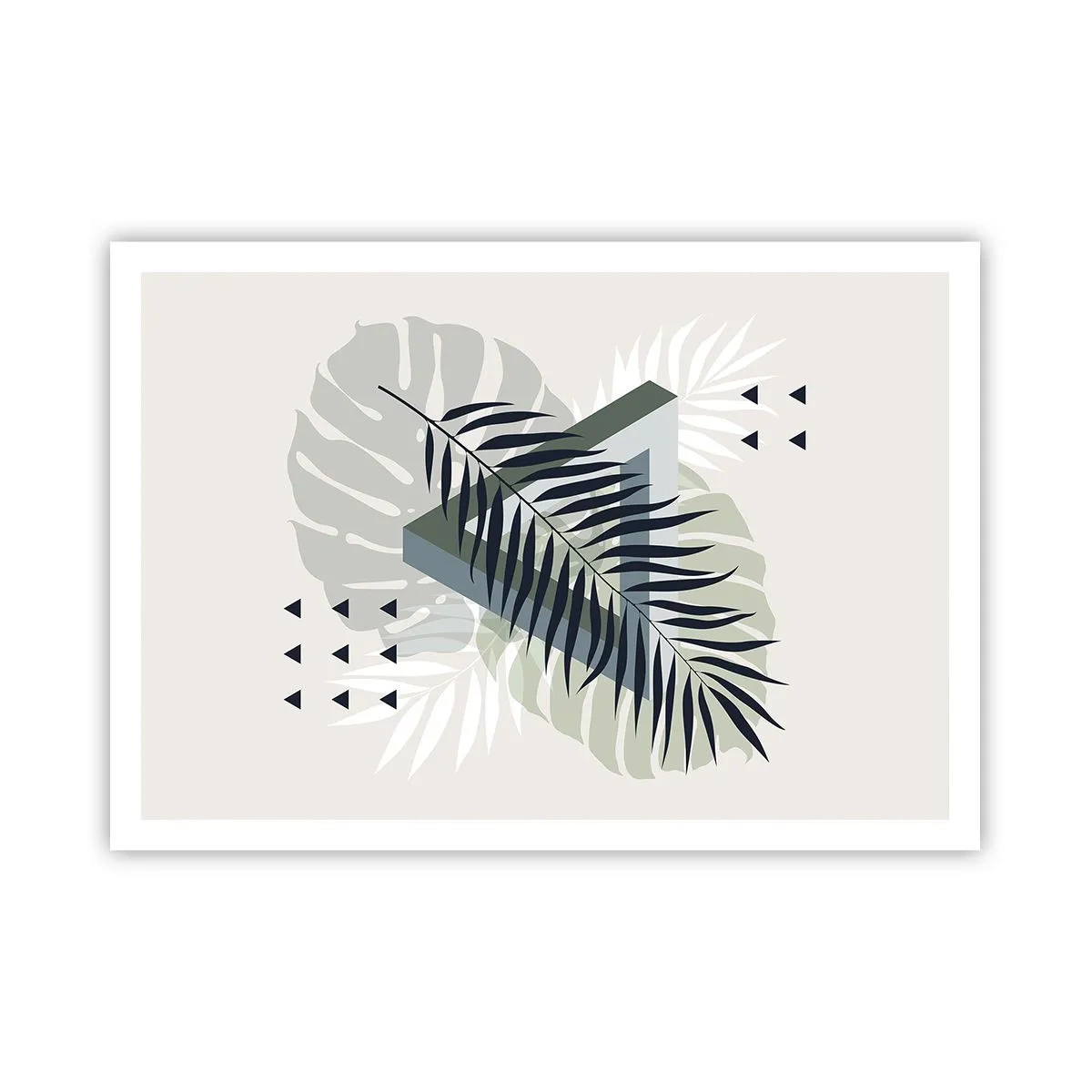 Poster - Geometrische Komposition mit tropischen Blättern in Grüntönen - 100x70cm - Natur und Geometrie – zwei Ordnungen? - Moderne Wanddekoration für Wohnzimmer und Schlafzimmer ARTTOR