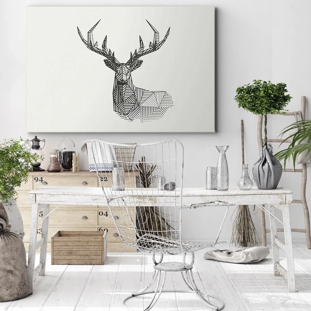 Bild auf Leinwand - Leinwandbild - Geometrisches Bild eines Hirsches im minimalistischen Schwarz-Weiß-Stil - 120x80cm - Ein Hirsch im kubistischen Stil - Moderne Wanddekoration für Wohnzimmer und Schlafzimmer ARTTOR