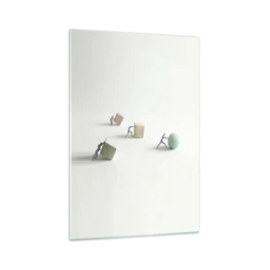 Glasbild - Bild auf glas - Miniaturfiguren, die Formen vor einem hellen Hintergrund schieben - 70x100cm - Pures Leben - Moderne Wanddekoration für Wohnzimmer und Schlafzimmer ARTTOR