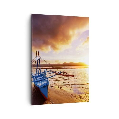 Bild auf Leinwand - Leinwandbild - Blaues Boot am Strand bei Sonnenuntergang - 50x70cm - Nach einem Tag sich im Sand ausstrecken - Moderne Wanddekoration für Wohnzimmer und Schlafzimmer ARTTOR