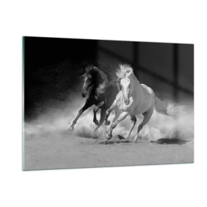 Glasbild - Bild auf glas - Laufende Pferde in Schwarz und Weiß - 120x80cm - Galopp der Freiheit - Moderne Wanddekoration für Wohnzimmer und Schlafzimmer ARTTOR