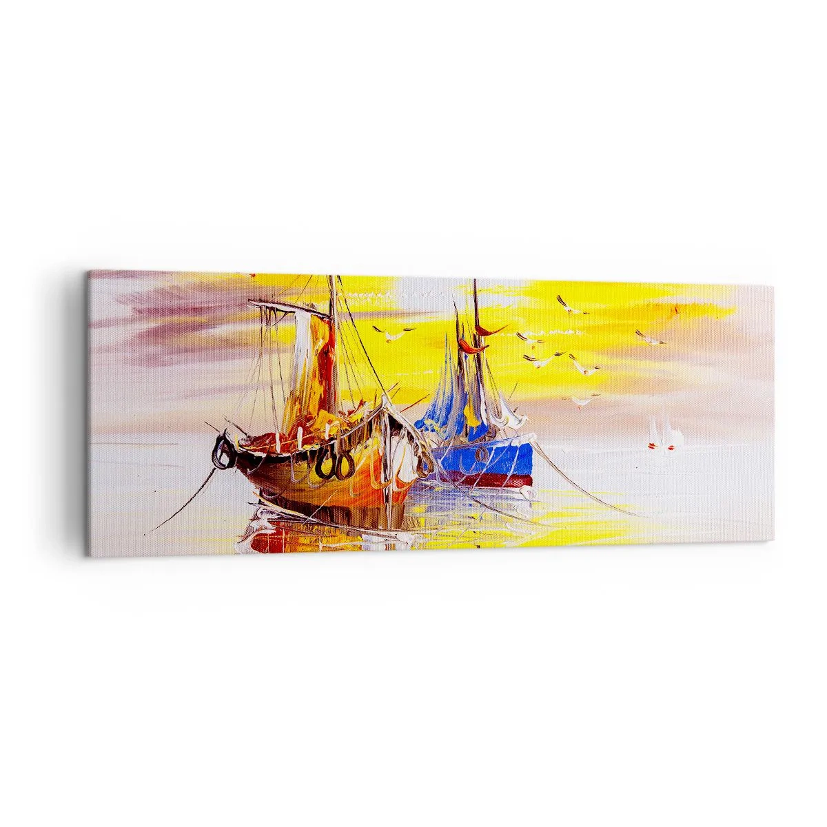 Bild auf Leinwand - Leinwandbild - Eine malerische Szene von Booten auf ruhiger See - 140x50cm - Eine wohlverdiente Pause im Hafen - Moderne Wanddekoration für Wohnzimmer und Schlafzimmer ARTTOR