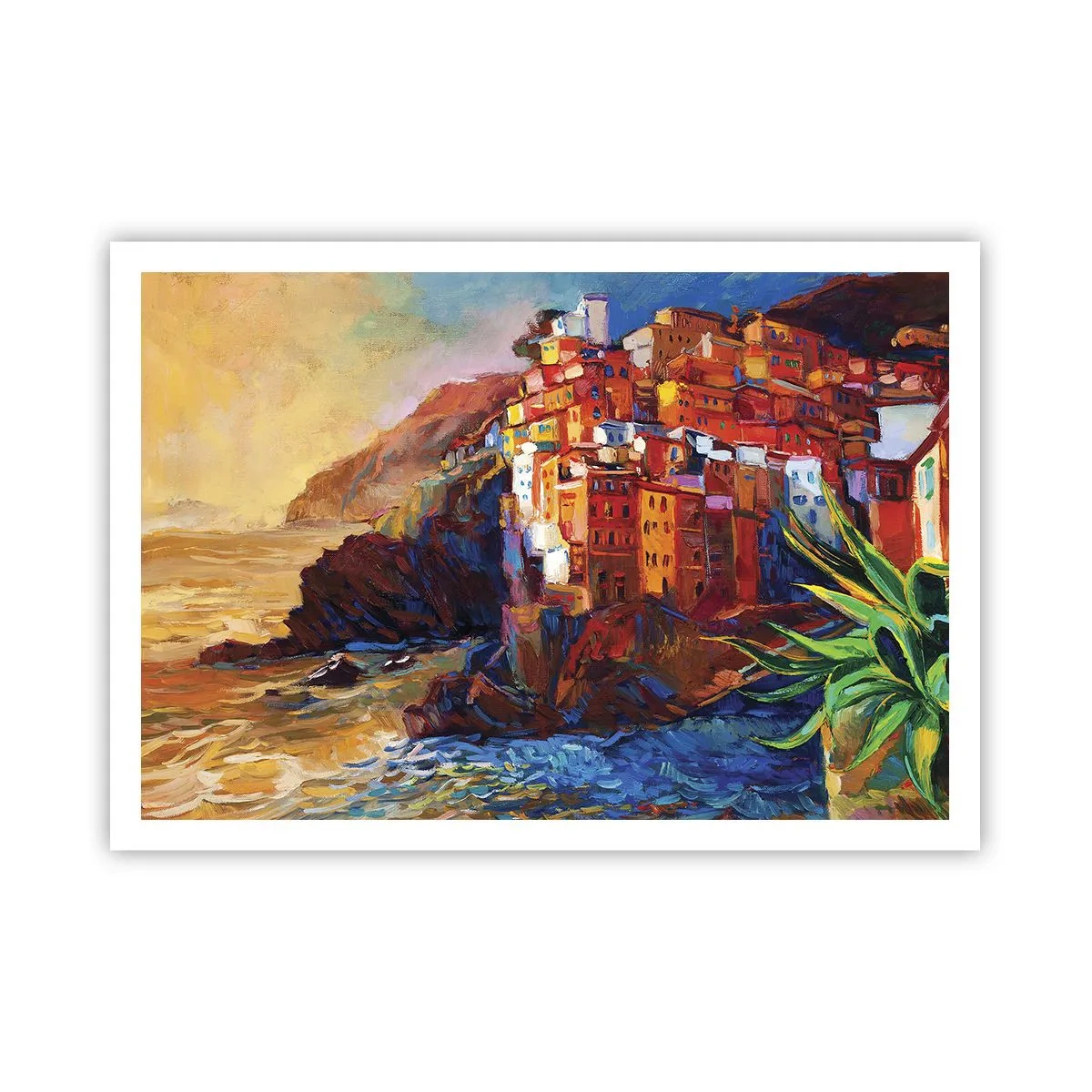 Poster - Bunte Häuser auf einer Klippe über dem Meer - 100x70cm - Italienische Atmosphäre - Moderne Wanddekoration für Wohnzimmer und Schlafzimmer ARTTOR