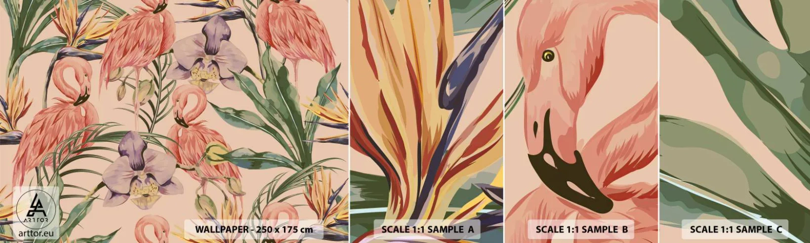 Fototapetenmuster Standard Eco - Rosa Ballett in Blumen - Vogel, Flamingo, Dschungel - 100x30 cm