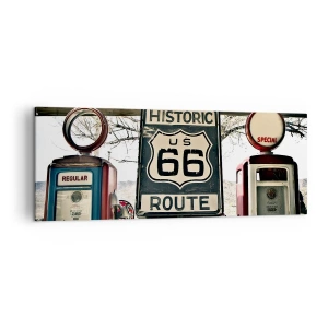 Bild auf Leinwand - Leinwandbild - Historische Tankstelle an der Route 66 - 140x50cm - Amerikanische Retro-Reise - Moderne Wanddekoration für Wohnzimmer und Schlafzimmer ARTTOR