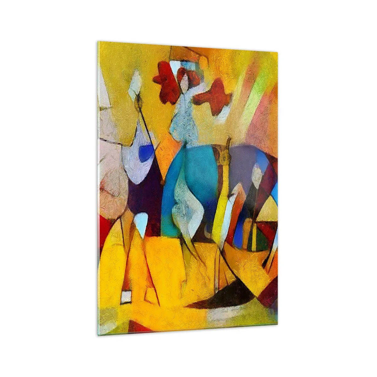 Glasbild - Bild auf glas - Eine farbenfrohe Abstraktion, die Figuren in geometrischer Form darstellt - 70x100cm - Sonne - Leben - Freude - Moderne Wanddekoration für Wohnzimmer und Schlafzimmer ARTTOR