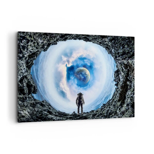 Bild auf Leinwand - Leinwandbild - Astronaut vor einer Weltraumlandschaft mit der Erde im Hintergrund - 100x70cm - Es ist nicht weit von zu Hause - Moderne Wanddekoration für Wohnzimmer und Schlafzimmer ARTTOR