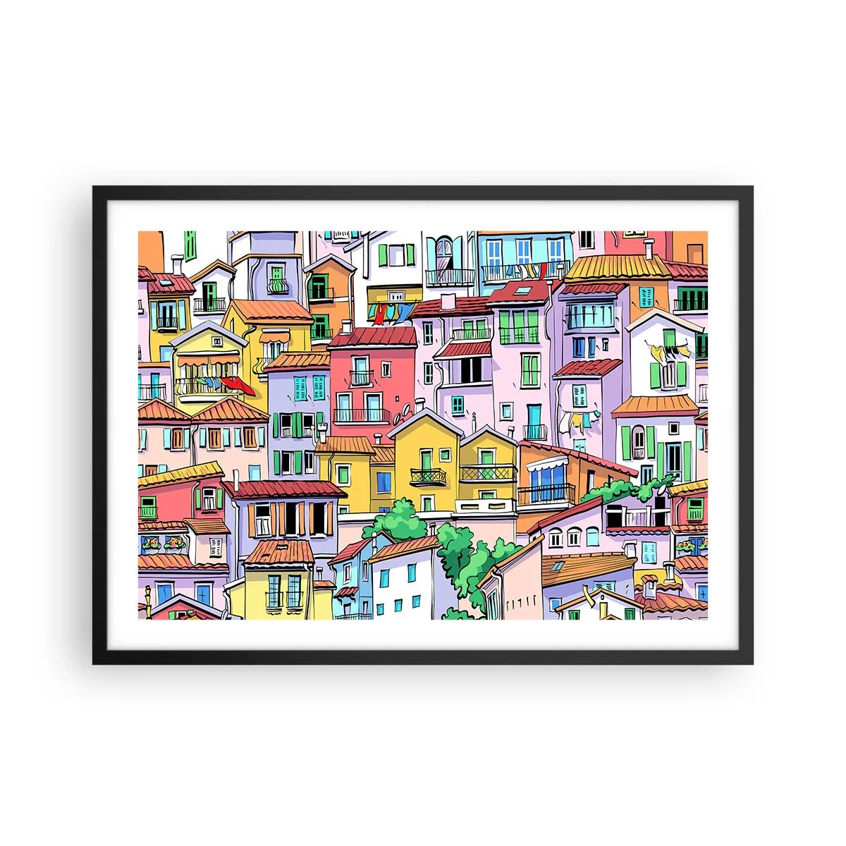 Poster in einem schwarzem Rahmen - Bunte Mietshäuser im lebendigen, fröhlichen Stil - 70x50cm - Lustige Stadt - Moderne Wanddekoration für Wohnzimmer und Schlafzimmer ARTTOR