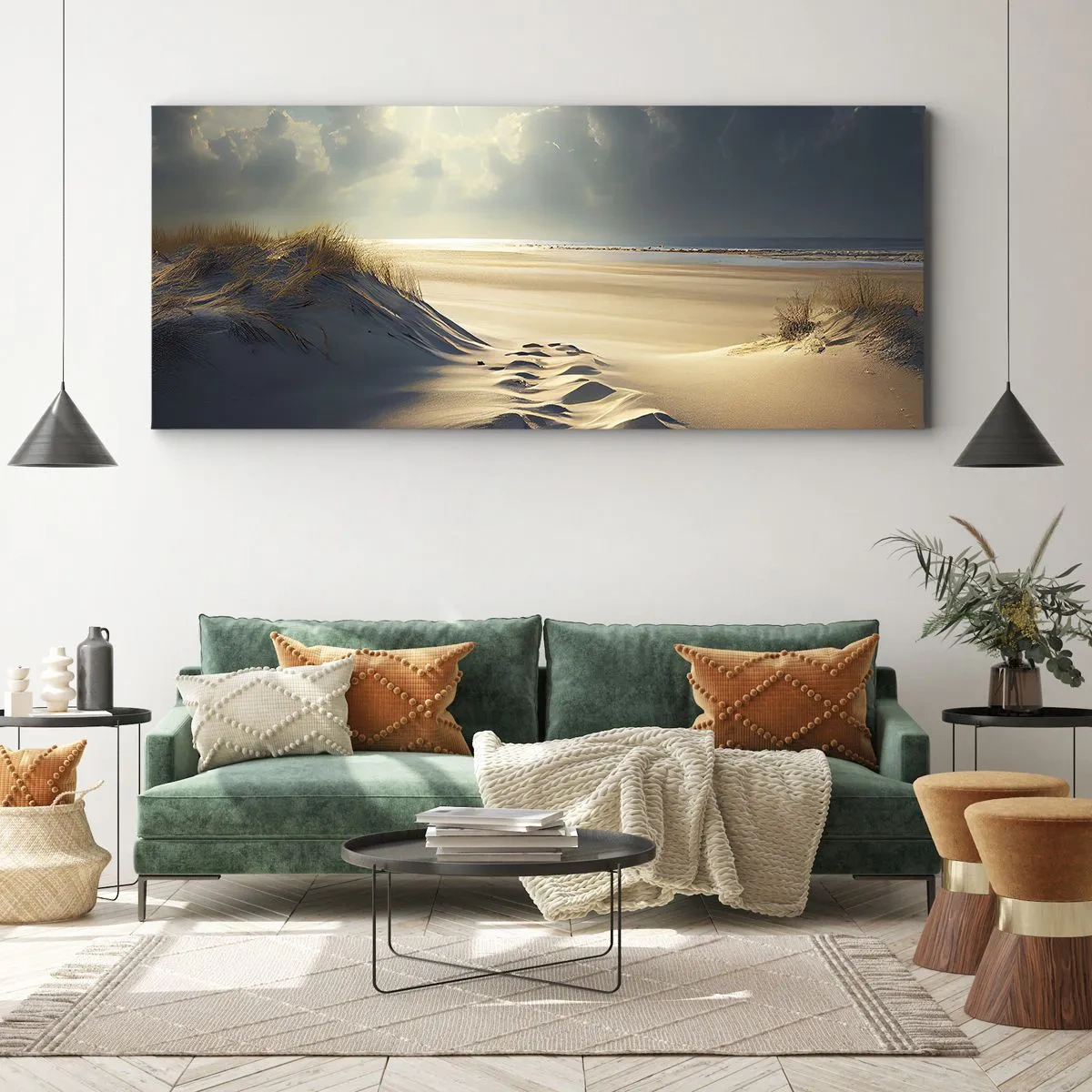 Bild auf Leinwand - Leinwandbild - Goldene Dünen am Strand bei Sonnenuntergang mit Blick auf das Meer - 120x50cm - Beruhigende Landschaft - Moderne Wanddekoration für Wohnzimmer und Schlafzimmer ARTTOR