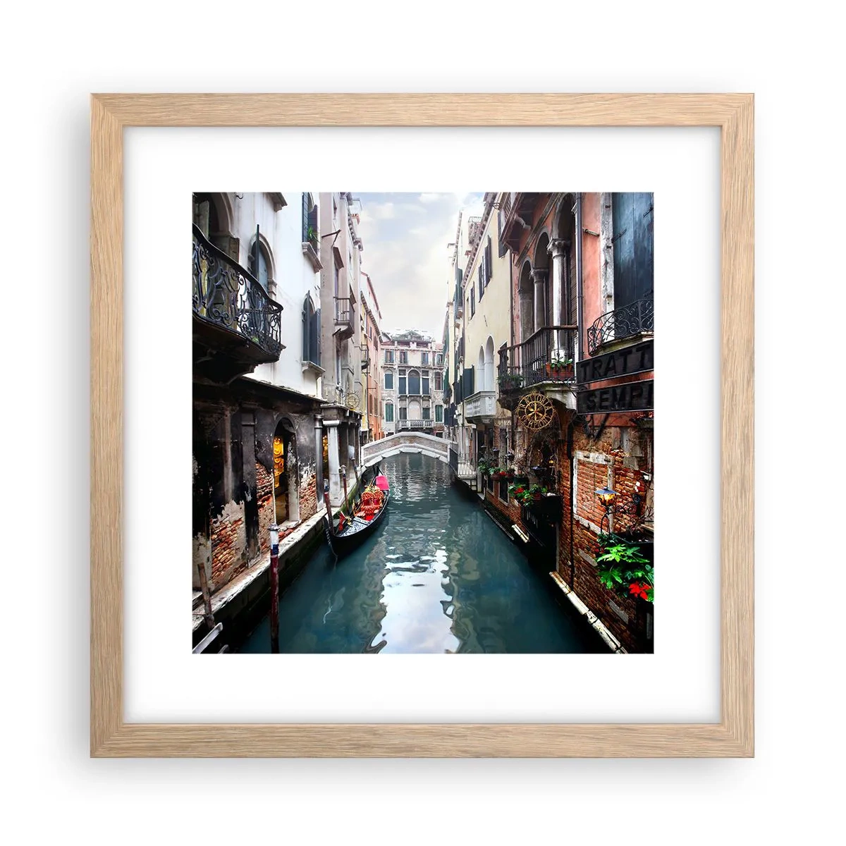Poster in einem Rahmen aus heller Eiche - Venezianische Landschaft mit Gondel und Brücke - 30x30 cm