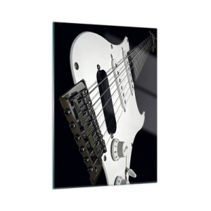 Glasbild - Bild auf glas - Nahaufnahme einer weißen E-Gitarre vor dunklem Hintergrund - 50x70cm - In Weiß versteckter Ton - Moderne Wanddekoration für Wohnzimmer und Schlafzimmer ARTTOR