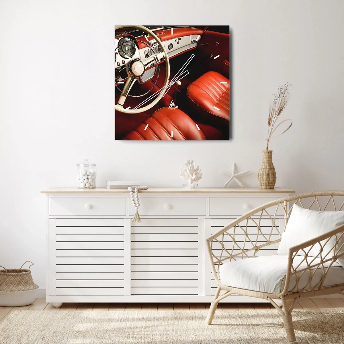 Wanduhr - Glasuhr - Oldtimer-Innenraum mit roten Ledersitzen - 30x30cm - Luxus im Vintagestil - Moderne Wanddekoration für Wohnzimmer und Schlafzimmer ARTTOR