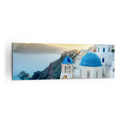Bild auf Leinwand - Leinwandbild - Blick auf Santorini mit weißen Gebäuden und blauem Meer - 160x50cm - Santorini - an die Felsen gekuschelt - Moderne Wanddekoration für Wohnzimmer und Schlafzimmer ARTTOR