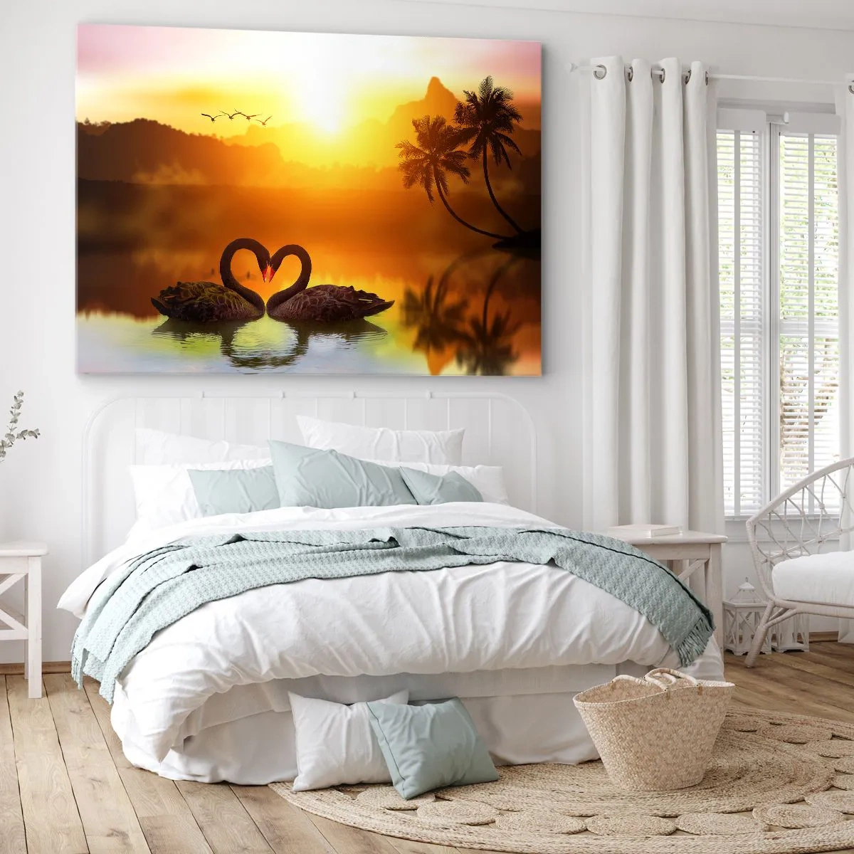 Bild auf Leinwand - Leinwandbild - Zwei schwarze Schwäne bilden ein Herz vor dem Hintergrund eines Sonnenuntergangs am See - 100x70cm - Alles passt zusammen - Moderne Wanddekoration für Wohnzimmer und Schlafzimmer ARTTOR