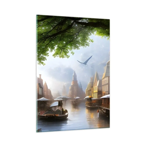 Glasbild - Bild auf glas - Stimmungsvoller Blick auf einen niederländischen Kanal mit Booten und Gebäuden - 50x70cm - Niederländisches Stadtbild - Moderne Wanddekoration für Wohnzimmer und Schlafzimmer ARTTOR