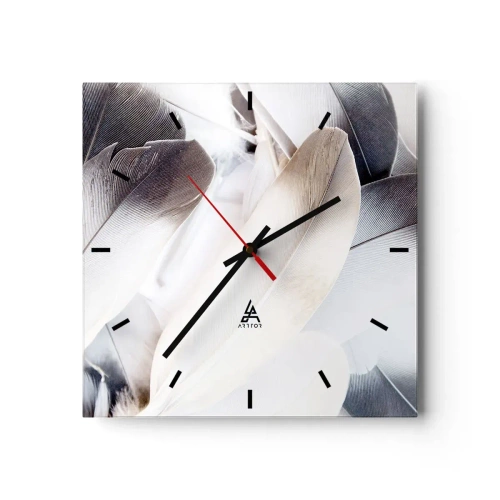 Wanduhr - Glasuhr - Nahaufnahme zarter Federn in Weiß- und Grautönen - 30x30cm - Fast engelhaft - Moderne Wanddekoration für Wohnzimmer und Schlafzimmer ARTTOR