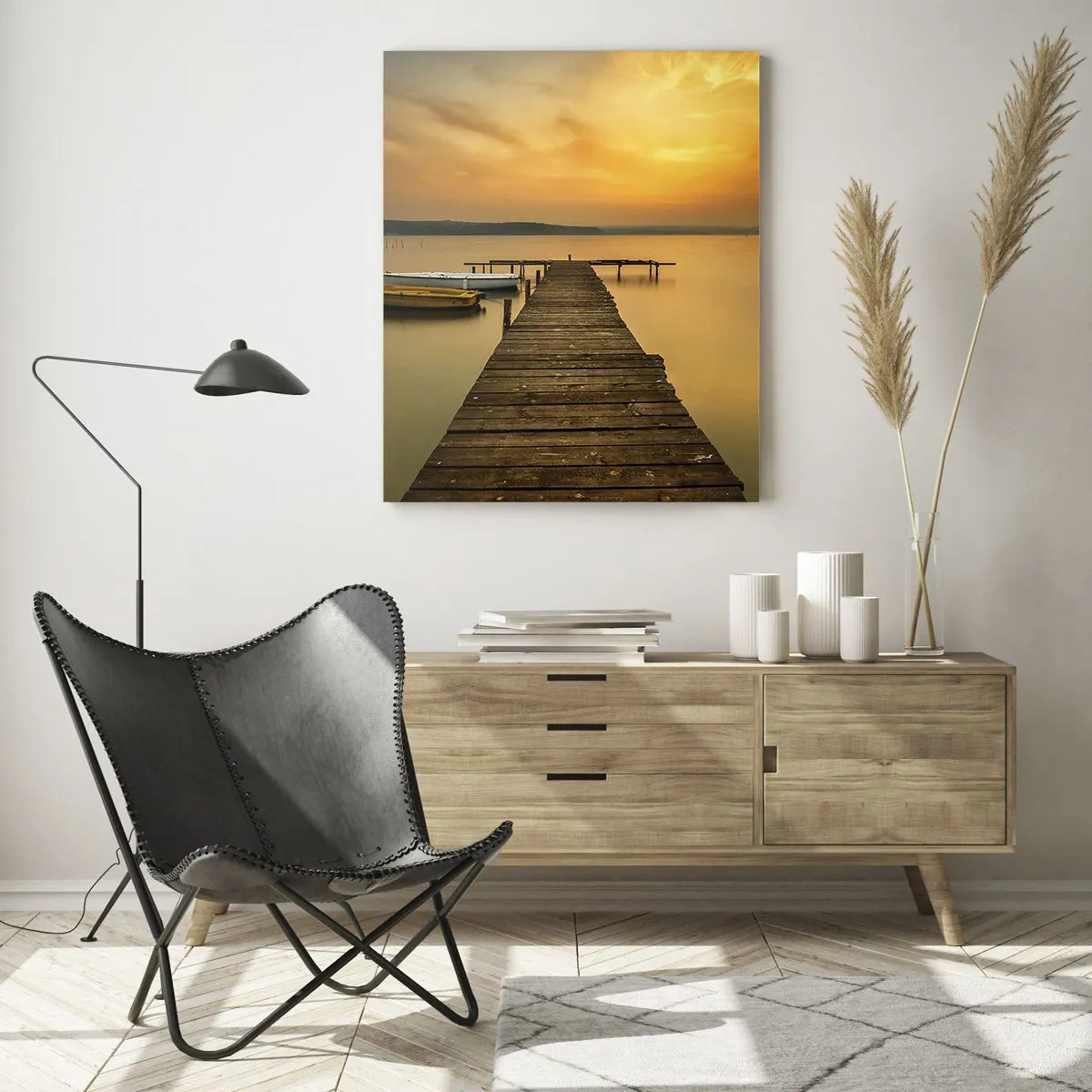 Glasbild - Bild auf glas - Pier auf dem See bei Sonnenuntergang mit einem Boot - 50x70cm - Ich werde dir den goldenen Himmel öffnen - Moderne Wanddekoration für Wohnzimmer und Schlafzimmer ARTTOR