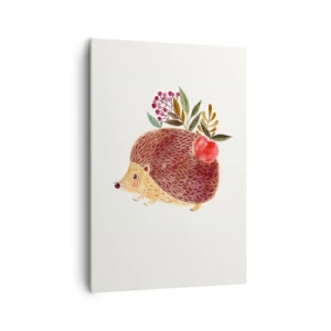 Bild auf Leinwand - Leinwandbild - Ein süßer Igel mit einem Apfel und Pflanzen im illustrativen Stil - 70x100cm - Und dann magst du mich schon - Moderne Wanddekoration für Wohnzimmer und Schlafzimmer ARTTOR