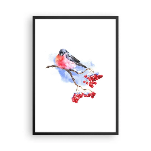 Poster in einem schwarzem Rahmen - Ein Vogel auf einem Ast mit roten Früchten - 50x70cm - Winter in Farbe - Moderne Wanddekoration für Wohnzimmer und Schlafzimmer ARTTOR