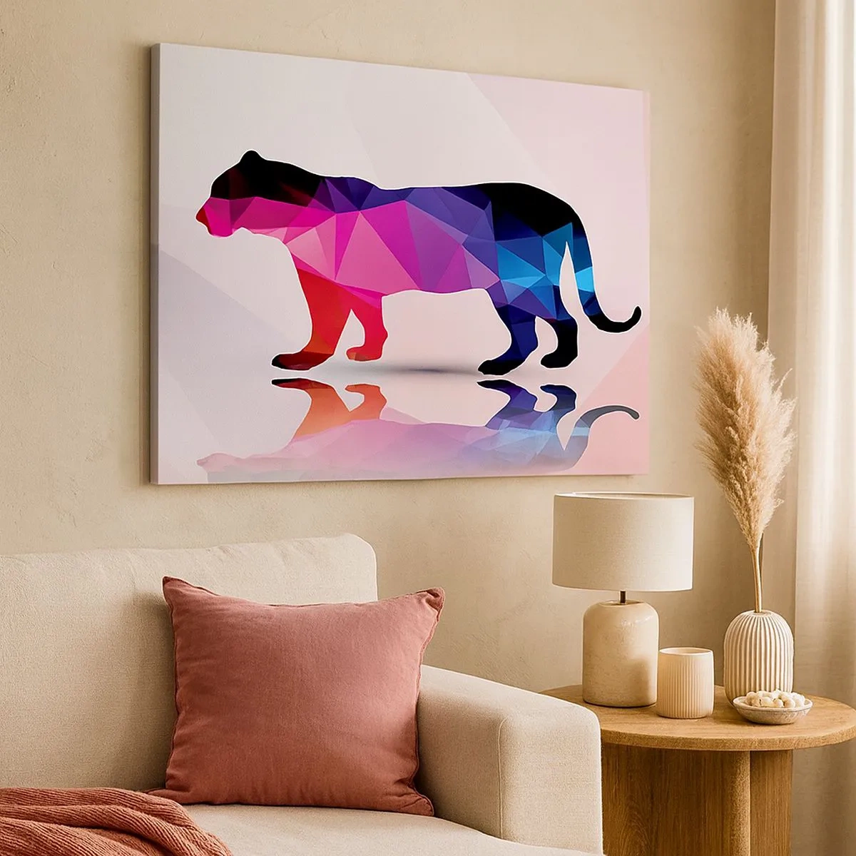 Bild auf Leinwand - Leinwandbild - Geometrische Panther-Silhouette in Rosa- und Blautönen - 70x50cm - Diment Panther - Moderne Wanddekoration für Wohnzimmer und Schlafzimmer ARTTOR