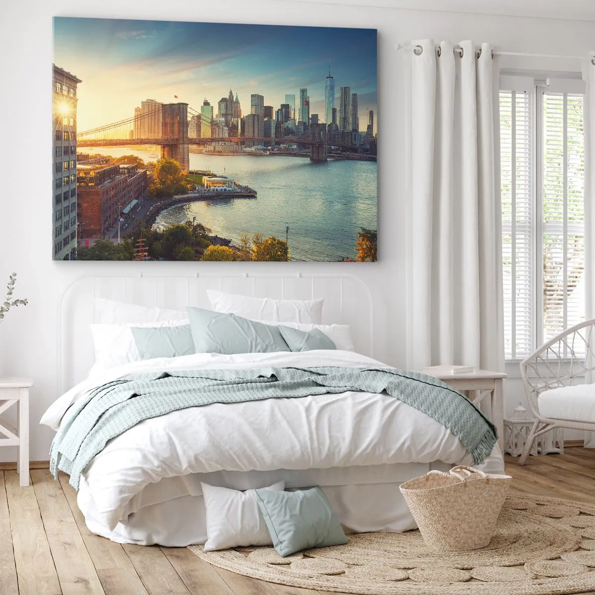 Bild auf Leinwand - Leinwandbild - Panorama der Stadt mit der Brücke bei Sonnenuntergang - 70x50cm - Morgendämmerung der Großstadt - Moderne Wanddekoration für Wohnzimmer und Schlafzimmer ARTTOR