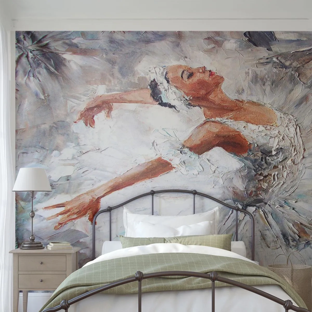 Fototapete Premium Sand - Eine Ballerina im weißen Kleid in ausdrucksstarker Pose - 100x70cm - Zart und leicht wie Tüll - Moderne Wanddekoration für Wohnzimmer und Schlafzimmer ARTTOR