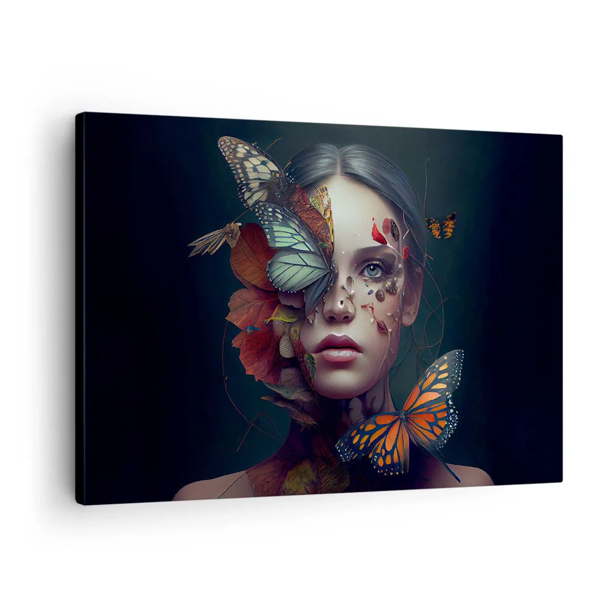 Bild auf Leinwand - Leinwandbild - Porträt einer Frau mit Schmetterlingen und Pflanzenelementen - 70x50cm - Wunderbare Metamorphose - Moderne Wanddekoration für Wohnzimmer und Schlafzimmer ARTTOR