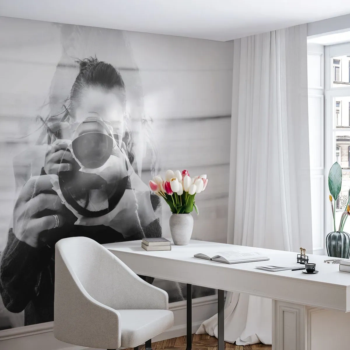 Fototapete Premium Sand - Doppelbelichtung eines Fotografen mit einer Kamera in Schwarzweiß - 100x70cm - Schöpfer und Material - Moderne Wanddekoration für Wohnzimmer und Schlafzimmer ARTTOR