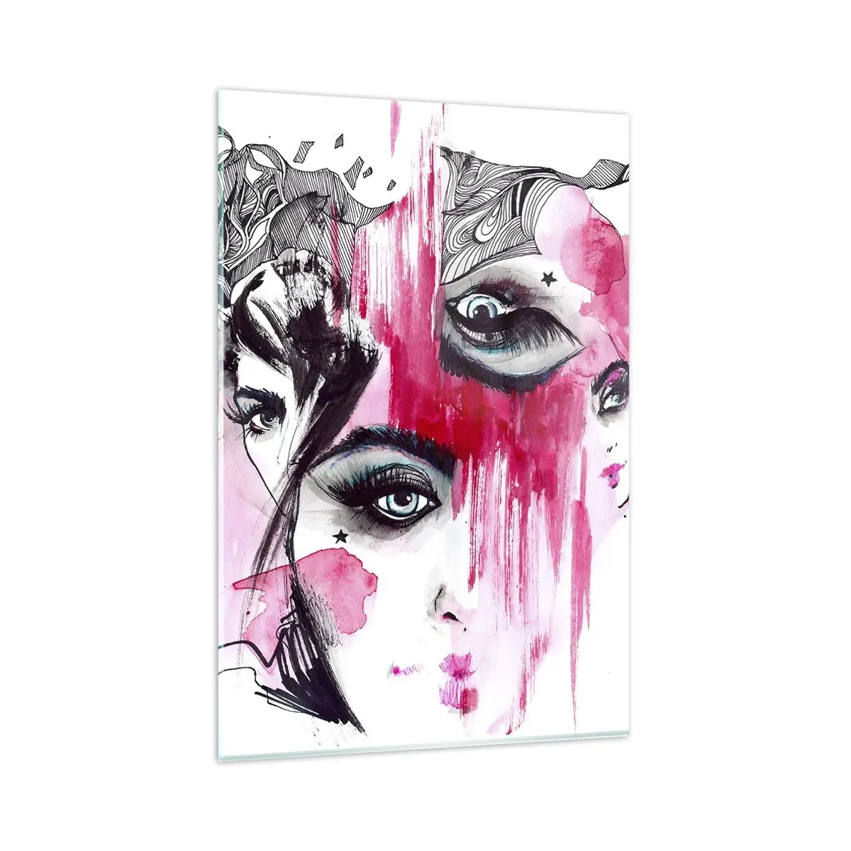 Glasbild - Bild auf glas - Abstraktes Gesicht in Rosa- und Schwarztönen - 80x120cm - Abstrakte Augen - Moderne Wanddekoration für Wohnzimmer und Schlafzimmer ARTTOR