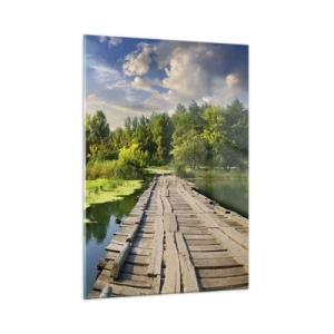 Glasbild - Bild auf glas - Holzsteg über einem See mit einem Schwan bei Sonnenuntergang - 50x70cm - Sommer, Sommer überall - Moderne Wanddekoration für Wohnzimmer und Schlafzimmer ARTTOR