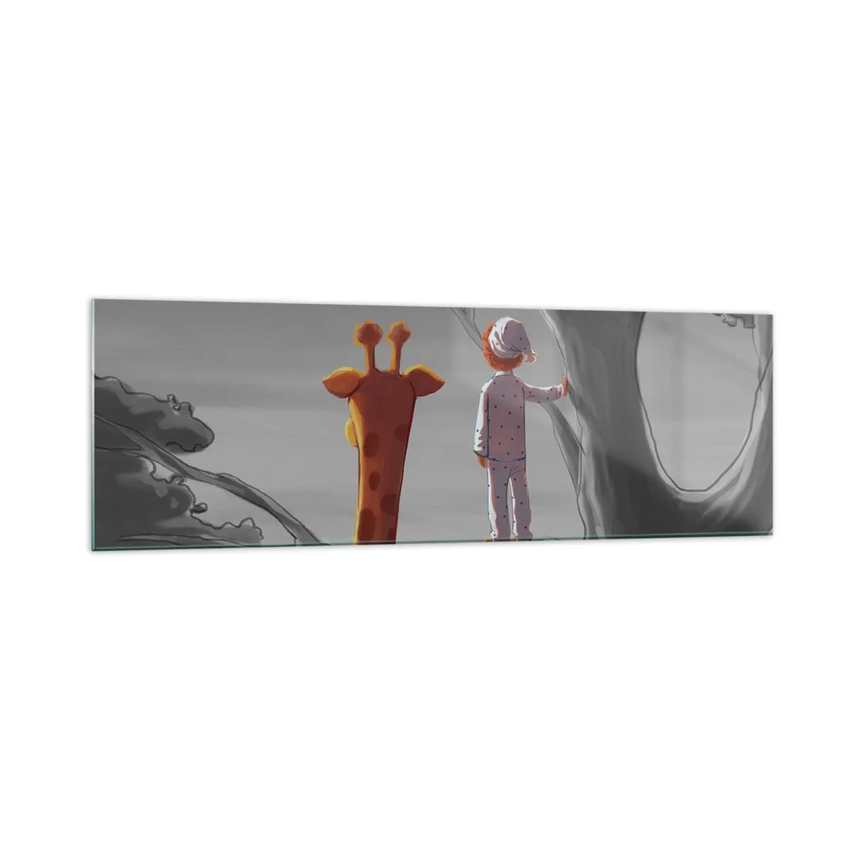 Glasbild - Bild auf glas - Ein Kind und eine Giraffe auf einem Ast in einer Märchenlandschaft - 160x50cm - Das passiert wirklich - Moderne Wanddekoration für Wohnzimmer und Schlafzimmer ARTTOR