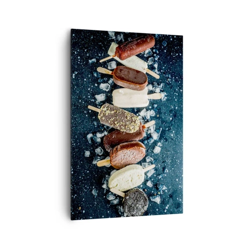 Bild auf Leinwand - Leinwandbild - Bunte Eislutscher auf Eis mit dunklem Hintergrund angeordnet - 80x120cm - Geschmack des heißen Sommers - Moderne Wanddekoration für Wohnzimmer und Schlafzimmer ARTTOR