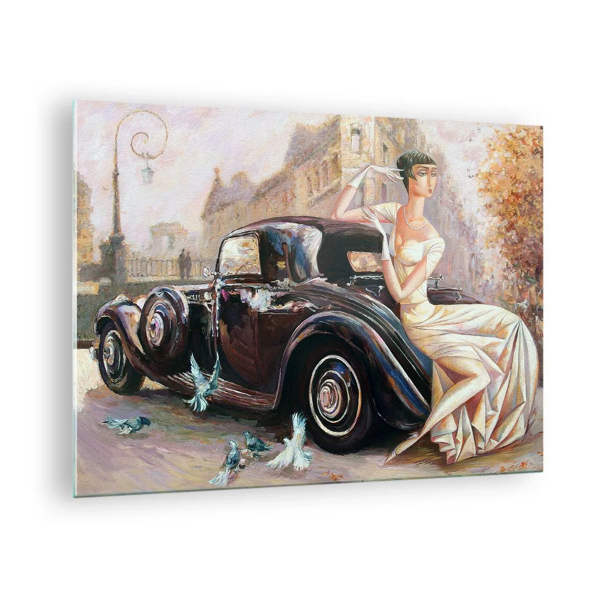 Glasbild - Bild auf glas - Elegante Frau neben einem Retro-Auto in urbaner Umgebung - 70x50cm - Eleganz im Retro-Stil - Moderne Wanddekoration für Wohnzimmer und Schlafzimmer ARTTOR