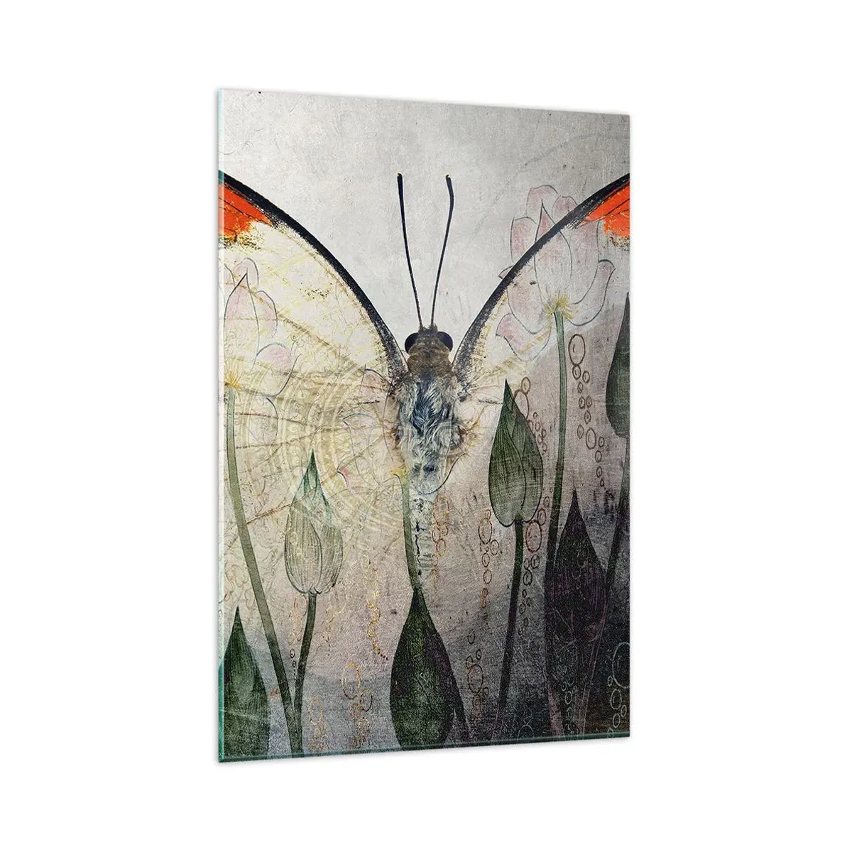 Glasbild - Bild auf glas - Ein Schmetterling mit orangefarbenen Flügeln vor einem Hintergrund aus stilisierten Blumen. - 80x120cm - Wo schwingt der Schmetterling im Gras - Moderne Wanddekoration für Wohnzimmer und Schlafzimmer ARTTOR