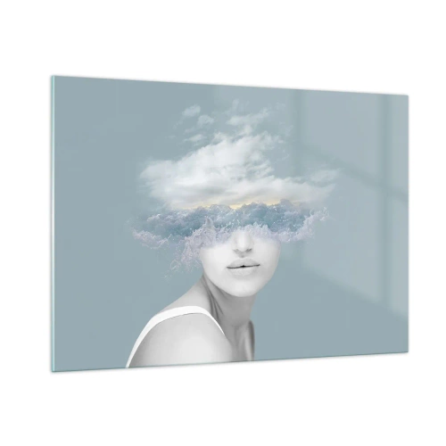 Glasbild - Bild auf glas - Das Gesicht einer Frau verschmilzt in einer surrealen Vision mit Himmel und Wolken. - 100x70cm - Mit dem Kopf in den Wolken - Moderne Wanddekoration für Wohnzimmer und Schlafzimmer ARTTOR