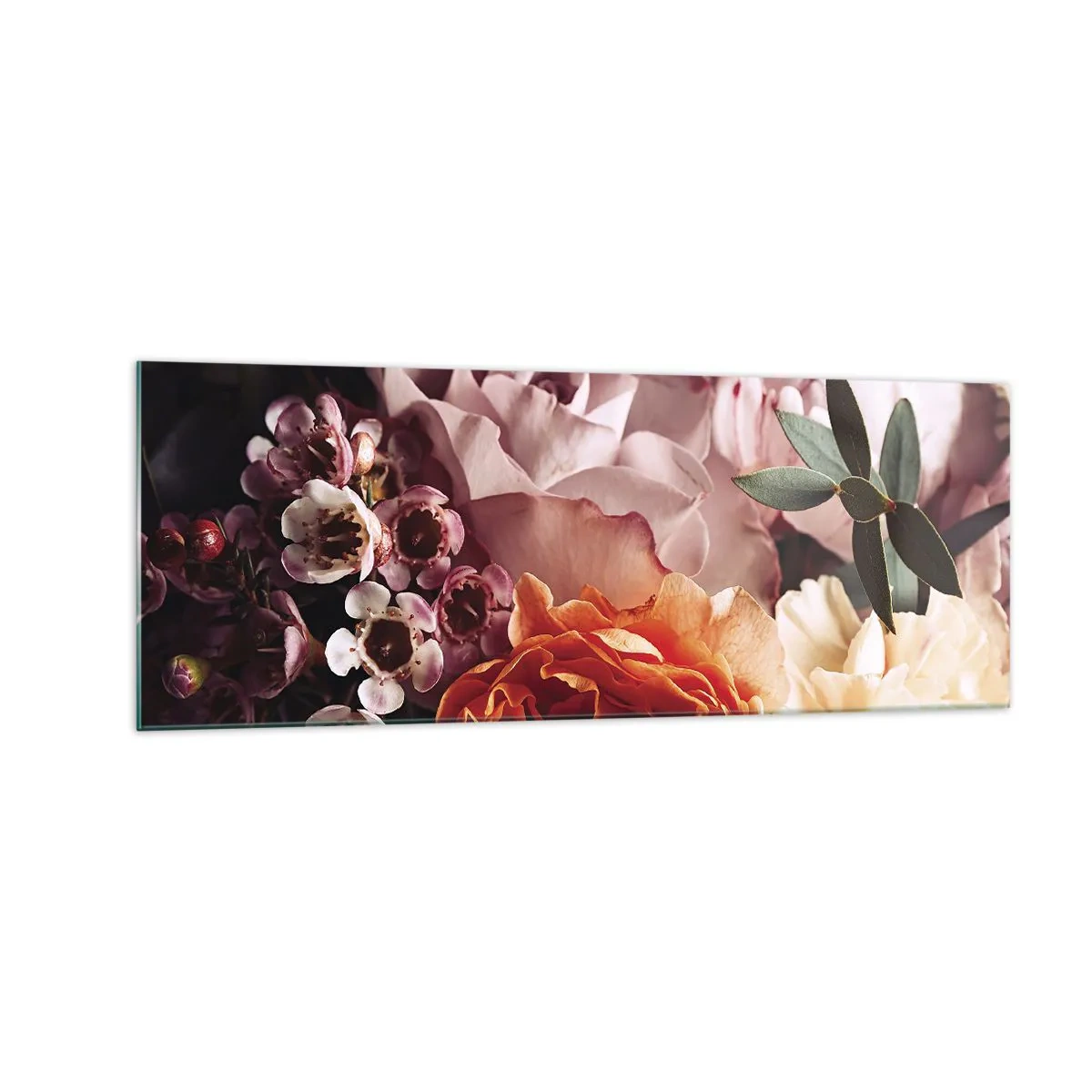 Glasbild - Bild auf glas - Eine Nahaufnahme einer farbenfrohen Blumenkomposition - 140x50cm - Eingehüllt in Schönheit - Moderne Wanddekoration für Wohnzimmer und Schlafzimmer ARTTOR