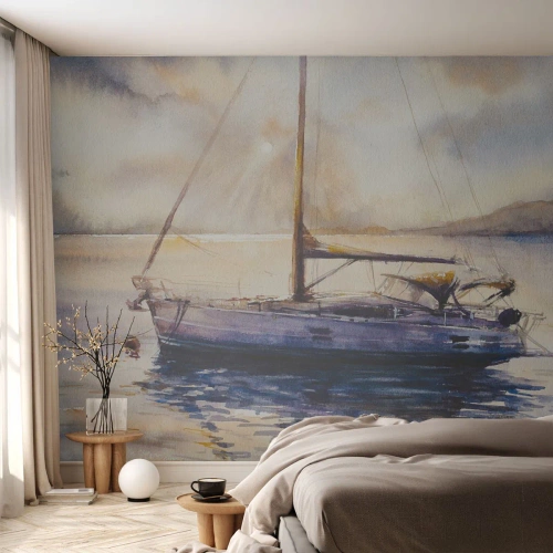 Fototapete Premium Sand - Abend in der Bucht - Segelboot, Angeln, Strand - 150x105 cm