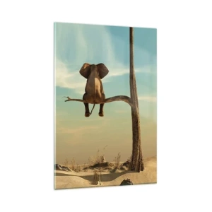 Glasbild - Bild auf glas - Ein Elefant sitzt auf einem Ast und blickt auf eine Wüstenlandschaft - 80x120cm - Neuer Blickwinkel - Moderne Wanddekoration für Wohnzimmer und Schlafzimmer ARTTOR